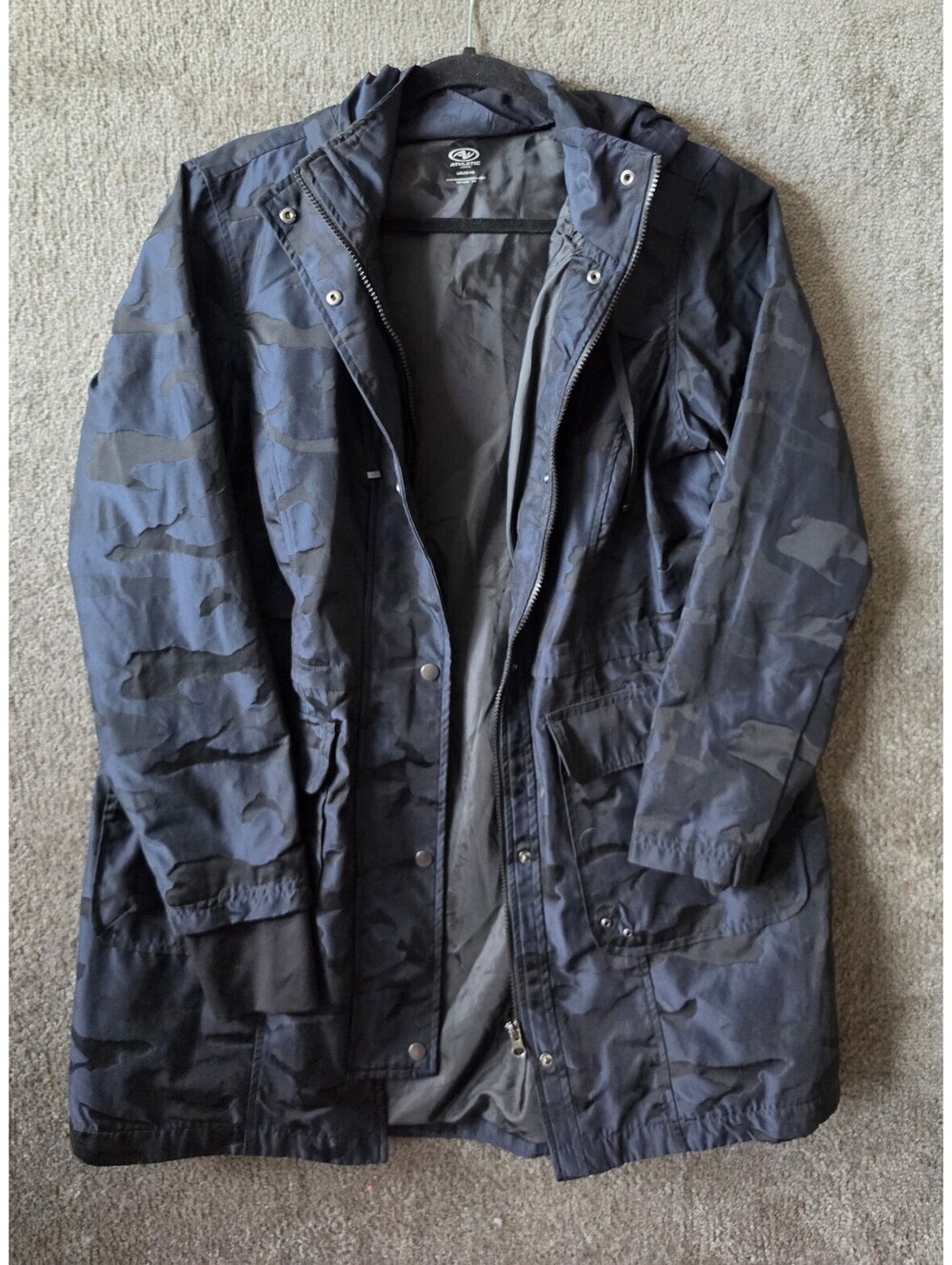 Athletic Work Jacket Women Sz Lg Black Camo Print Rain Active Anorak Hood Pocket